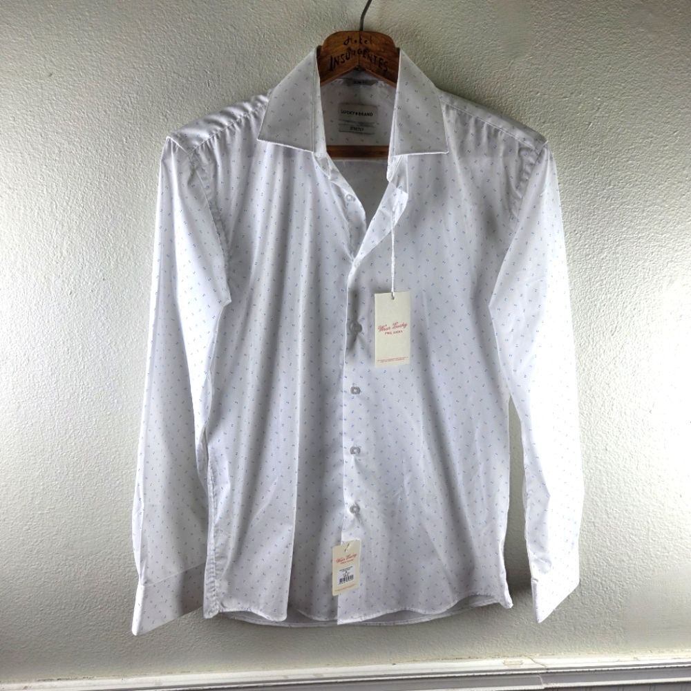 Men's Lucky Brand NWT White Dotted Long Sleeve Button Down Dress Shirt Med